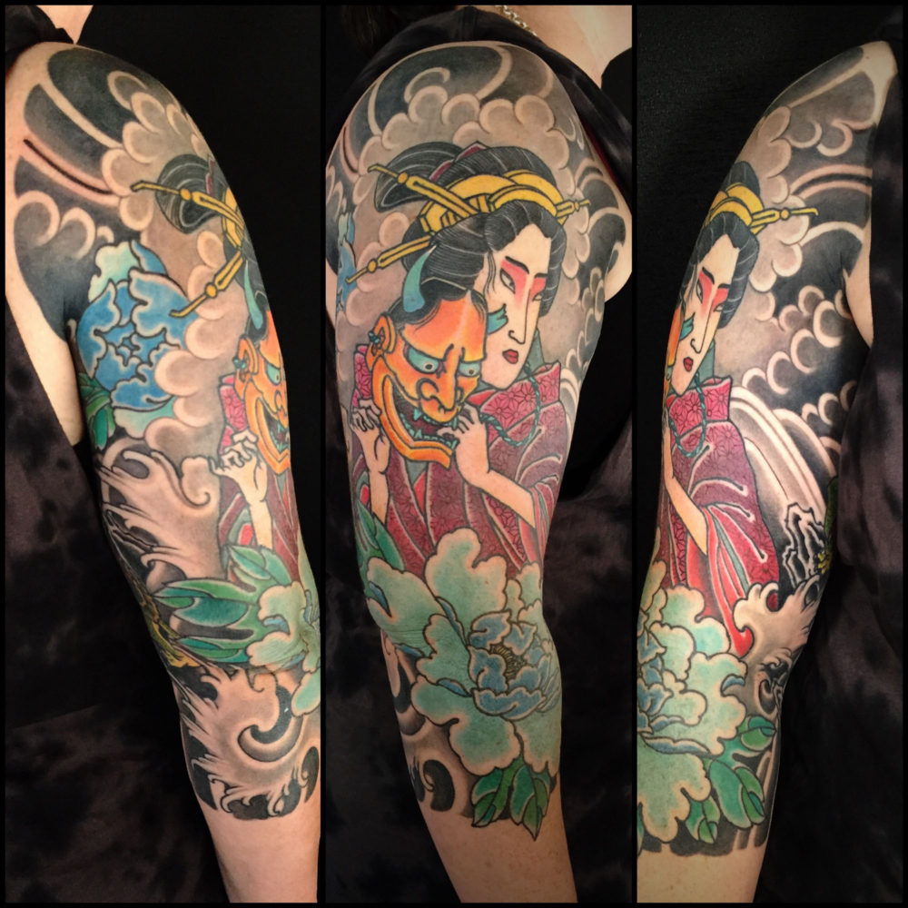Geisha and Peony Sleeve Tattoo