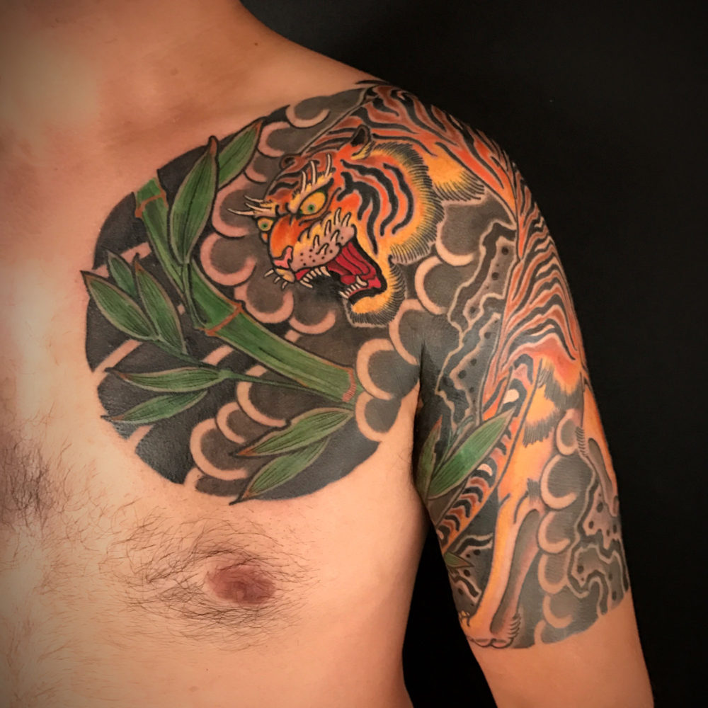 Tiger and Bamboo Chest Snake Tattoo